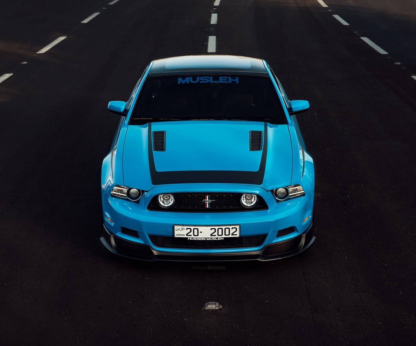 Blue Mustang, front three-quarter view