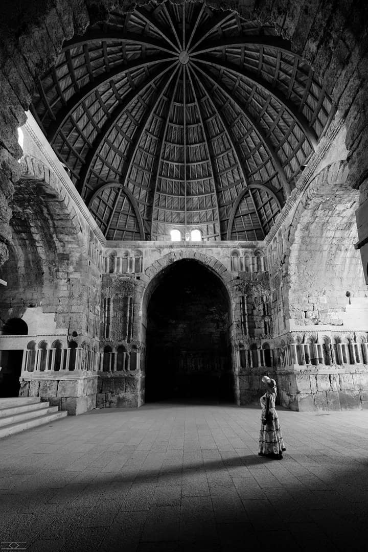 Arched stone ruins in black and white