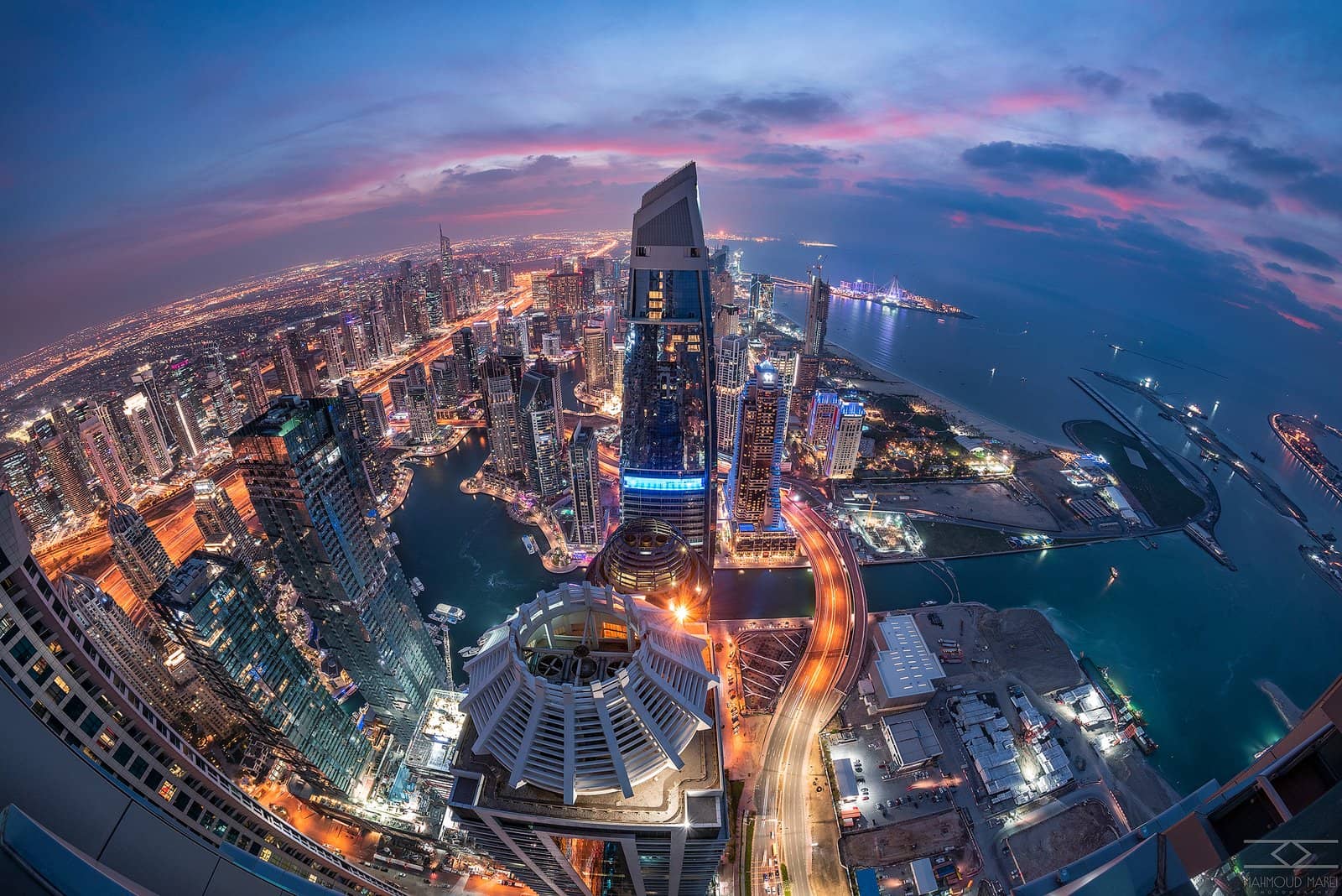 Dubai Marina towers from above at blue hour